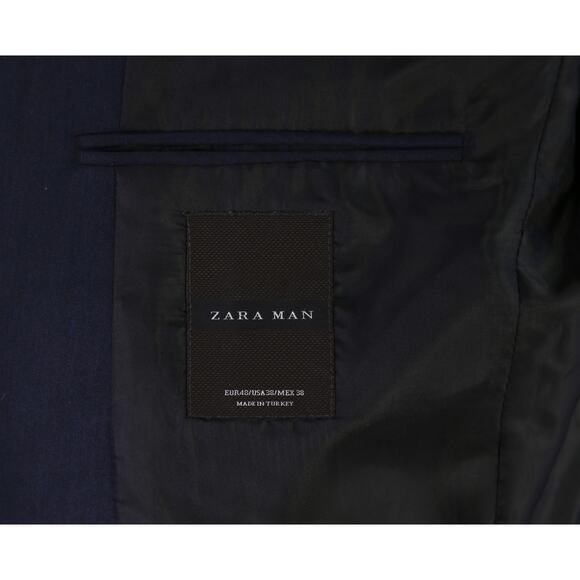 Zara Men's Navy Blue Sharkskin Shiny 2-Btn Slim Fit Suit 38R - Picture 8 of 10